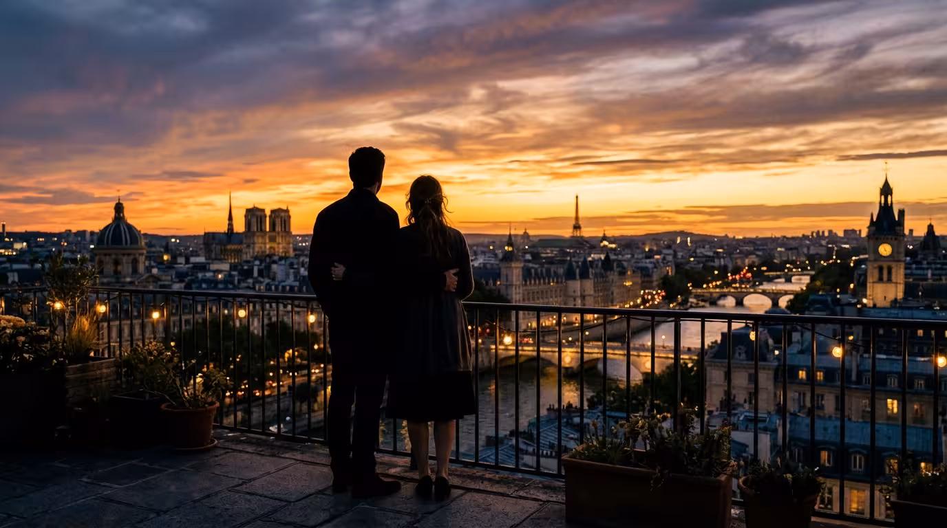 Koppel op dakterras bij zonsondergang — de waarde van een suikerrelatie in Nederland