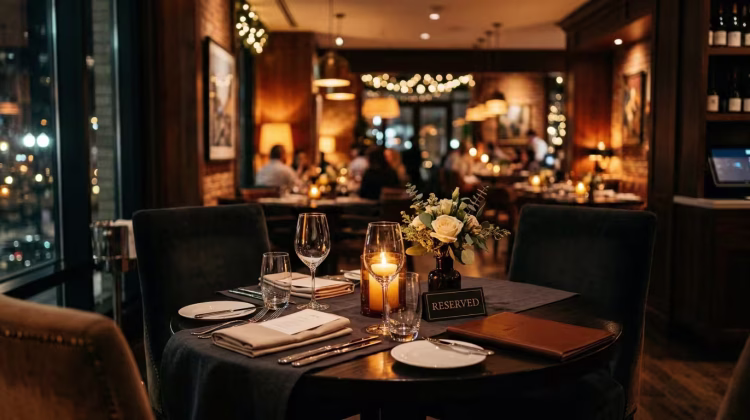 Elegant restaurant interior, empty reserved table with candlelight and two place settings, warm amber tones, bokeh lights, editorial interior photography