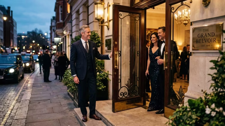 Elegant man holding door open at luxury venue entrance, evening light, gentleman gesture, editorial lifestyle photography, warm tones