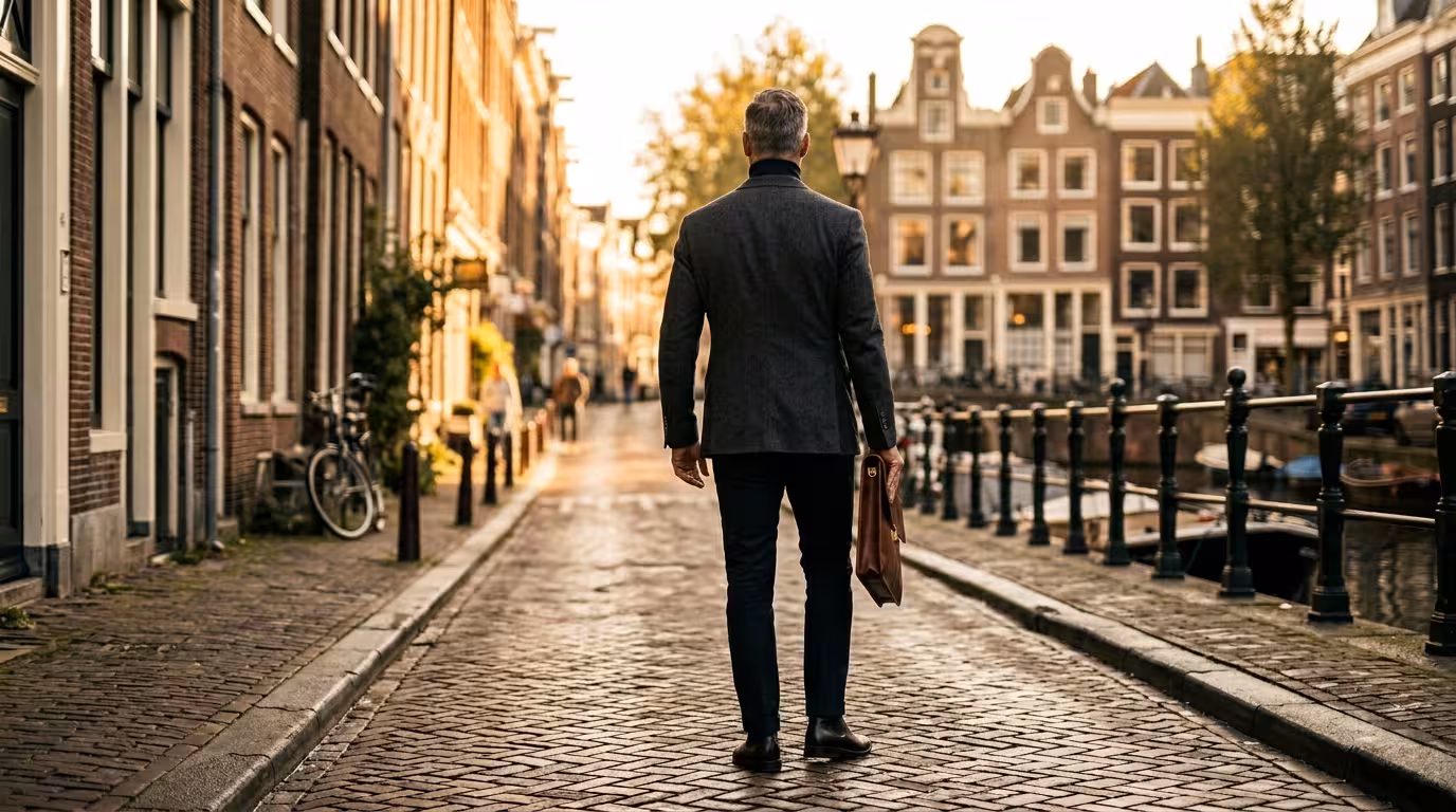 Succesvolle man loopt door de grachten van Amsterdam — suikeroom worden in Nederland