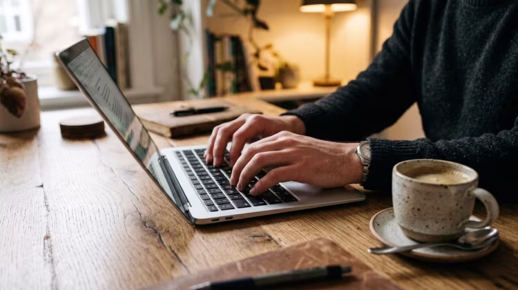 Close-up of man's hands typing on laptop at wooden desk with coffee cup, warm ambient light, shallow depth of field, lifestyle photography