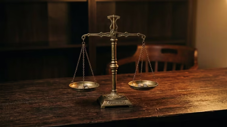 Scales of justice on dark wood desk with warm golden side lighting, minimalist composition, moody editorial photography